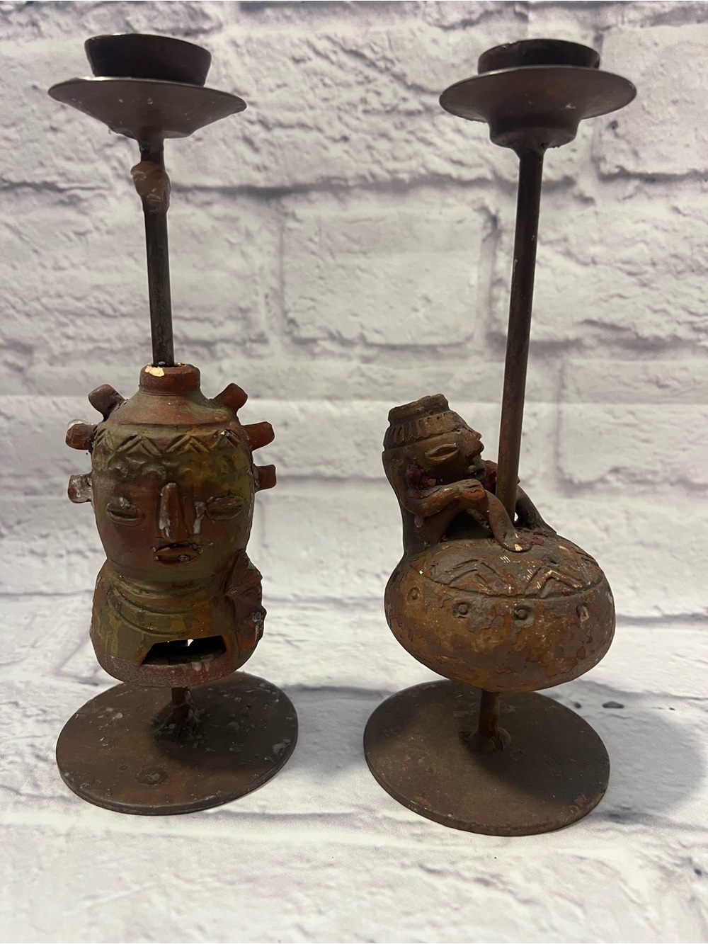 Rustic Brown Metal Candle Holders Set - Decorative Home Accent